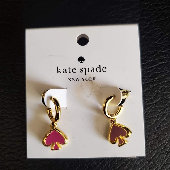 kate spade Jewelry - Kate Spade Everyday Spade Huggie Hoop Dangle Earrings Pink Enamel Gold NWT
